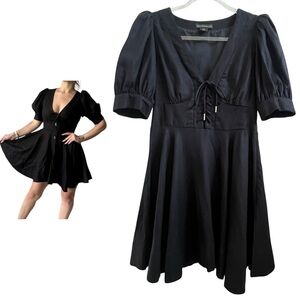 House of Harlow 1960 Black Linen Blend Puff Sleeve A-Line Flare Mini Dress SZ 4